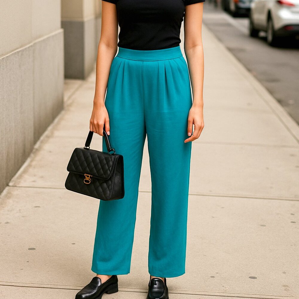 Stile Benetton Viscose Blend Lightweight Pants Elastic Waist Pleats Pockets Sz M